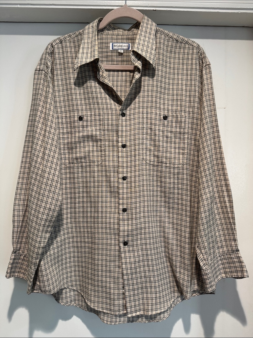 YSL Mens Button Down Shirt Long Sleeve Size 16.5 32-33 Yves Saint Laurent PLAID